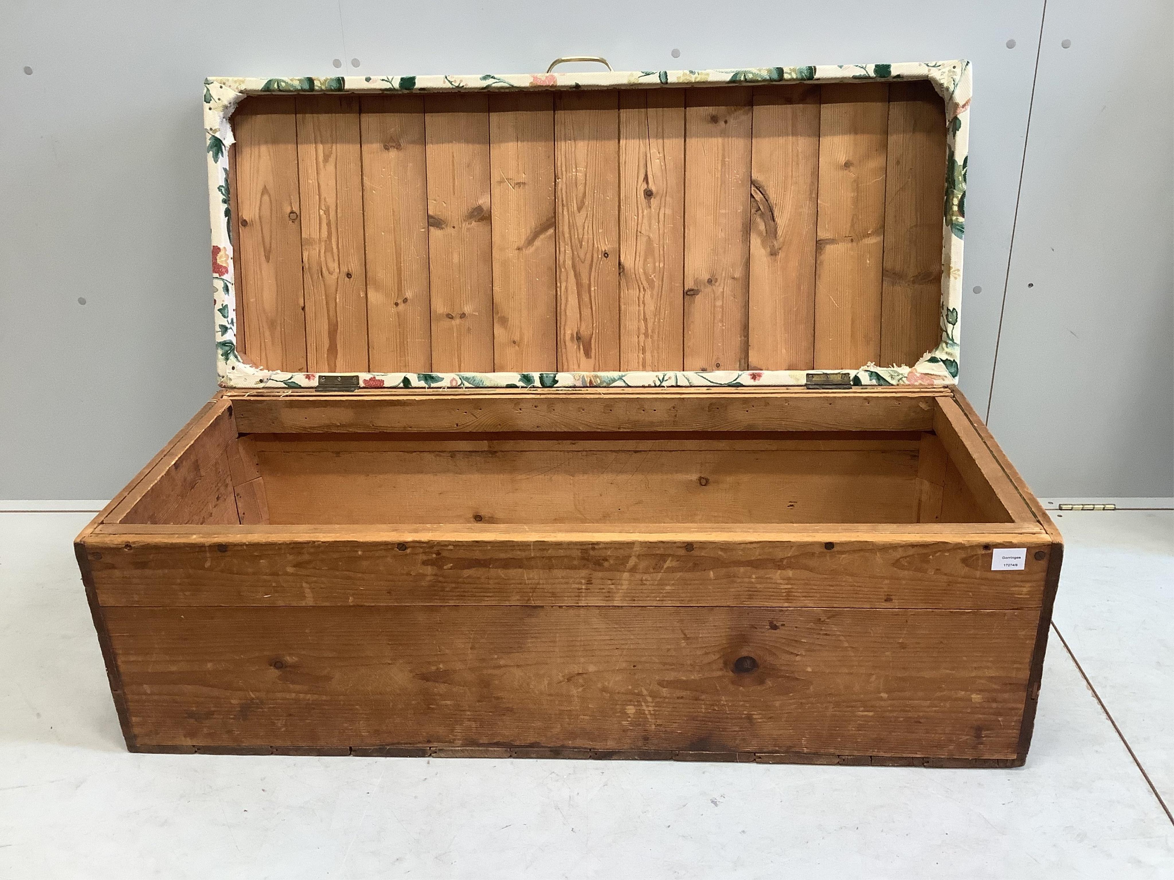 A Victorian pine ottoman with upholstered hinged box seat, width 130cm, depth 56cm, height 48cm. Condition - fair to good